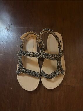 Stuart Weitzman Beige Sandal with Black & Cream Woven Straps